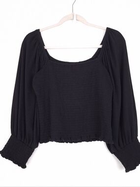 Anthropologie smocked top square neck balloon sleeve milkmaid cottagecore black